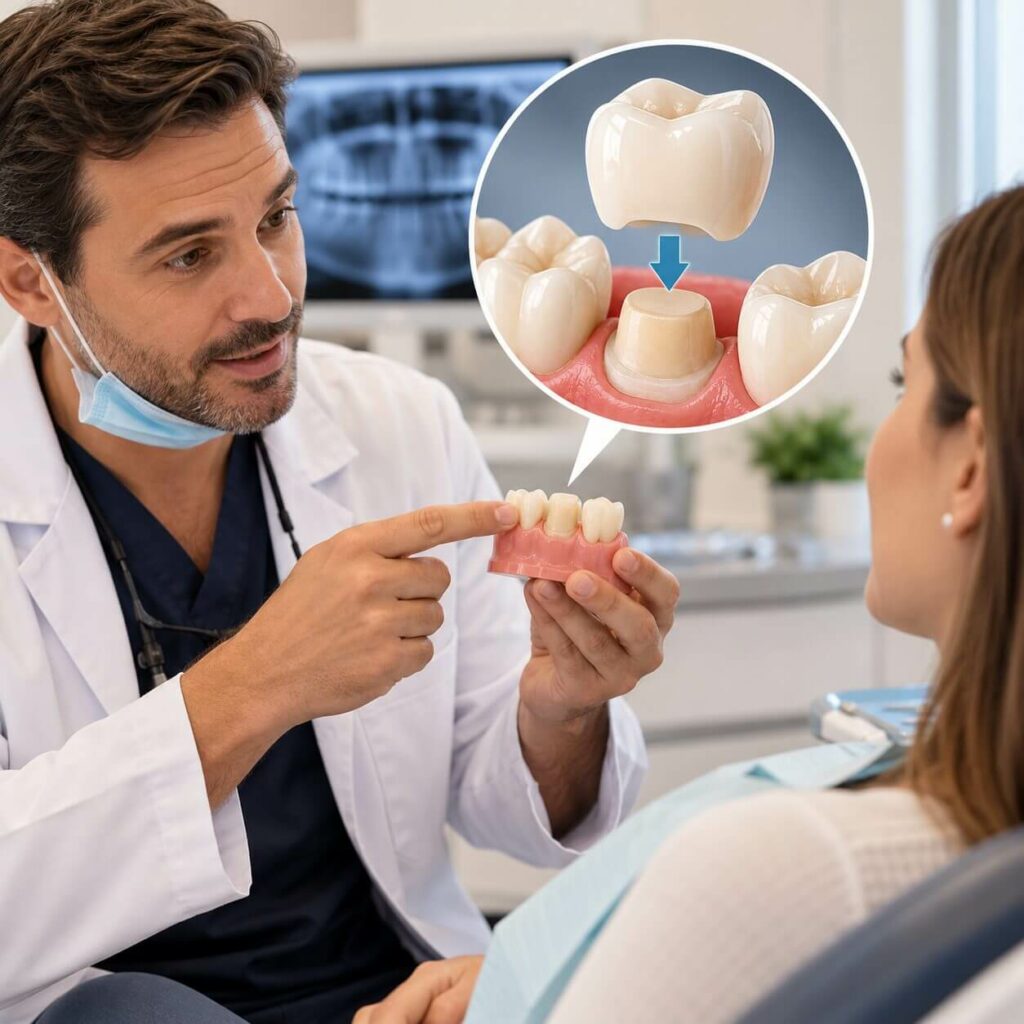 Dentista da Sollis Odontologia em Jaguariúna explica como a prótese fixa se encaixa no dente natural usando um modelo anatômico.
